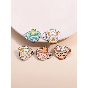 5pcs Cartoon Fun Cute Metal Pins Featuring Tea Cup Brooch